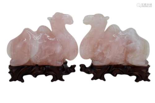 PAIR CHINESE CARVED ROSE QUARTZ RECUMBENT CAMEL