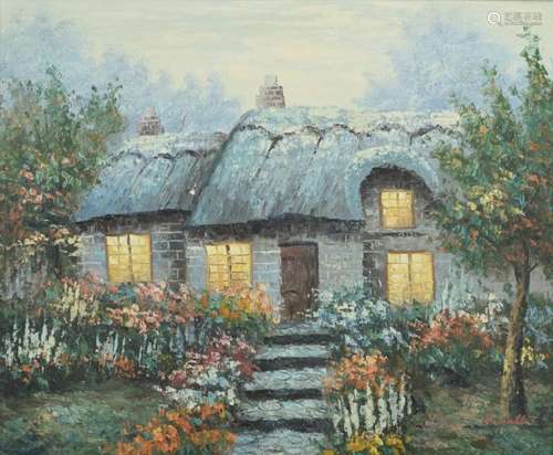 COTTAGE LANDSCAPE OIL PAINTING SIGNED K. WALLIS