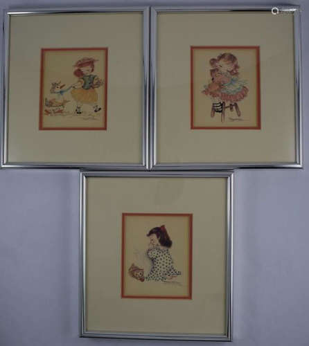 3 LITHOGRAPHS OF GIRL WITH HER PET CATS & DUCK