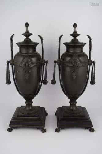 PAIR BRONZE MARBLE URNS OF TEXAS COMMERCE BANK