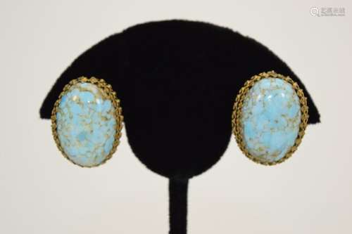 ANTIQUE GOLD METAL TURQUOISE CLIP-ON EARRINGS