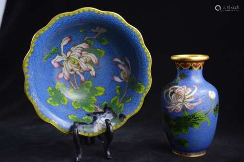 CHINESE CLOISONNE ENAMEL FLORAL BOWL & VASE