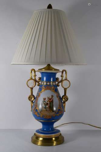 19TH C. OLD PARIS BLUE GOLD PORCELAIN URN LAMP