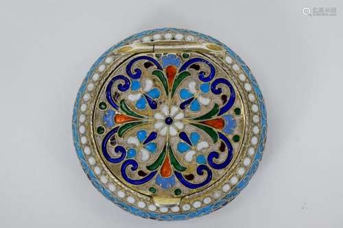 ROUND RUSSIAN 84 SILVER CLOISONNE ENAMEL BOX