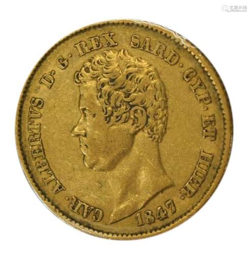 1847 SARDINIA CHARLES ALBERT I 20 LIRE GOLD COIN