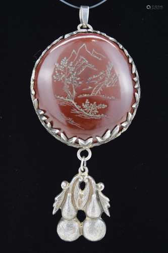 CHINESE SILVER ETCHED GOURD PENDANT