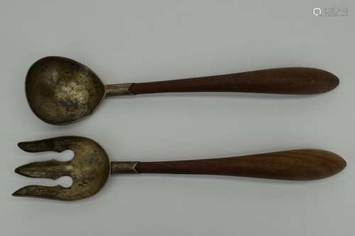 RARE MEXICO STERLING SILVER & WOOD SALAD SERVERS