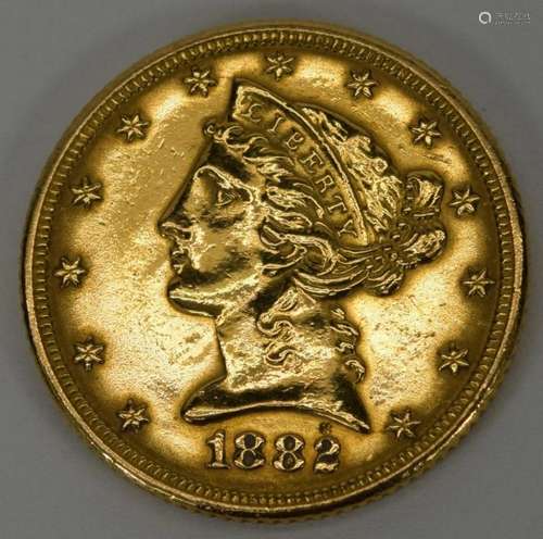 1882 LIBERTY HALF EAGLE $5 AMERICAN GOLD COIN