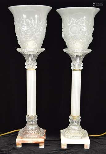 PAIR FENTON GLASS FLORAL COLUMN URN LAMPS