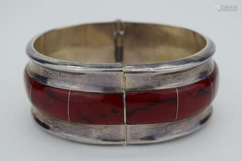 950 SILVER TAXCO RED CORAL INLAY BRACELET