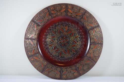 FINELY CARVED BRASS INLAID FLORAL WOODEN PLATE
