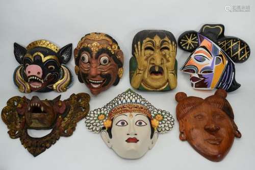 7 CARVED WOOD FACE MASKS INDONESIAN & OTHER