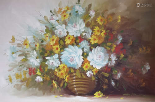 FLORAL STILL BOUQUET OIL ON CANVAS SIGNED HOUSTON