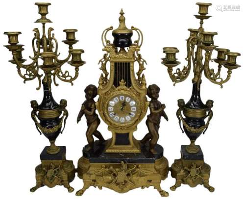 BRONZE CHERUB CLOCK CANDELABRA GARNITURE SET