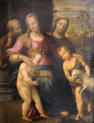 ECOLE BOLOGNAISE ca. 1580 LORENZO SABATINI (c.1530-1576), CERCLE La Sacré Famille avec San Giovanni et Sainte Catherine