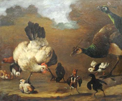 MELCHIOR DE HONDECOETER (1636-1695), ENTOURAGE Poule et poussins avec deux paons