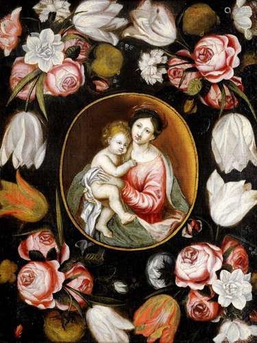 ECOLE FLAMANDE, ANVERS ca.1650 La Vierge à l’Enfant couronnés de fleurs