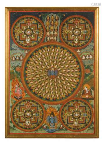 THANGKA MANDALA SU TESSUTO IN CORNICE, TIBET, XIX-XX SECOLO