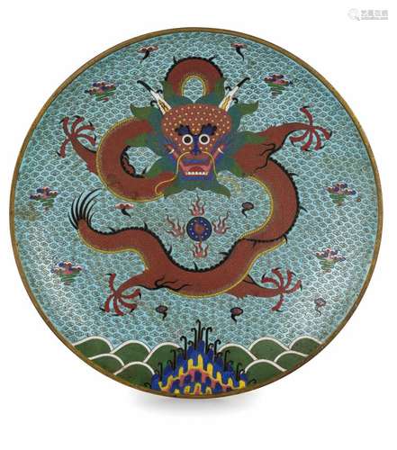 PIATTO IN BRONZO CLOISONNE' RAFFIGURANTE DRAGO, CINA, INIZIO DEL XX SECOLO