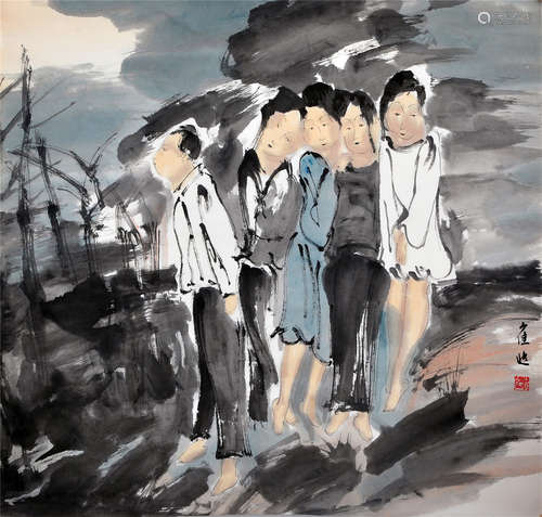 CHINESE SCROLL PAINTING OF FIGURES BY RIVER