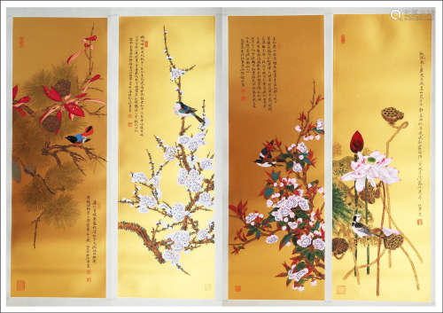 FOUR PANELS OF CHINESE SCROLL PAINTING OF BIRD AND FLOWER ON GOLD PAPER