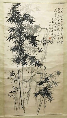 LARGE CHINESE SCROLL PAINTING OF BAMBOO AND ROCK