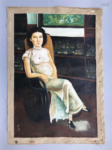 CHINESE OIL PAINTING OF SEATED BEAUTY ON CANVOS