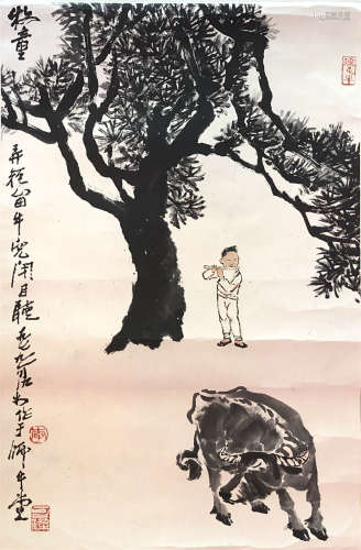 CHINESE SCROLL PAINTING OF COWBOY AND OX