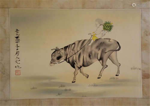 CHINESE SCROLL PAINTING OF BOY ON BACK OF OX