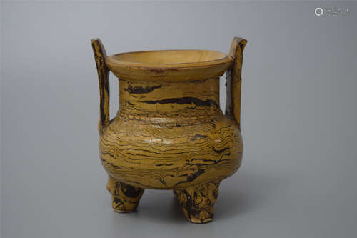 CHINESE PORCELAIN TWISTABLE YELLOW GLAZE CENSER YUAN DYNASTY