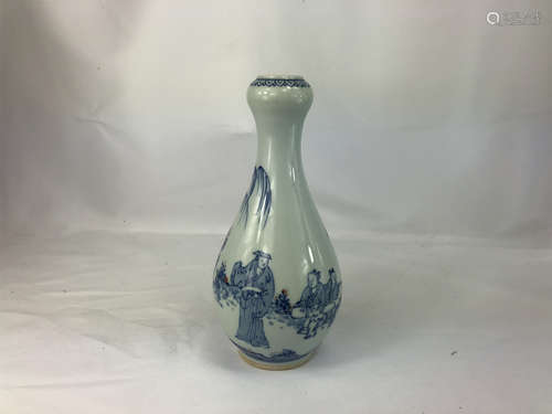 CHINESE PORCELAIN BLUE AND WHITE RED UNDER GLAZE FIGURES VASE