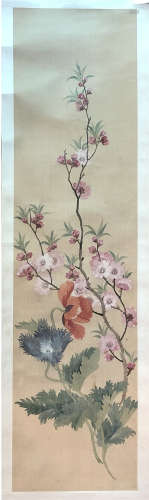 CHINESE SCROLL PAINTING OF FLOWER ON SILK