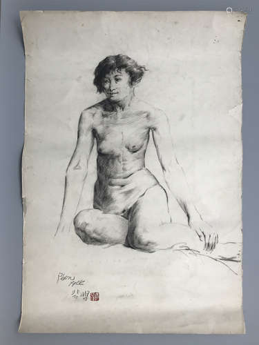 CHINESE CHARCOAL SKETCH DRAWING OF SEATED NUDE