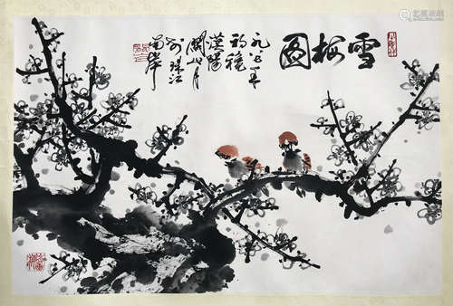 CHINESE SCROLL PAINTING OF BIRDS ON PLUM TREE