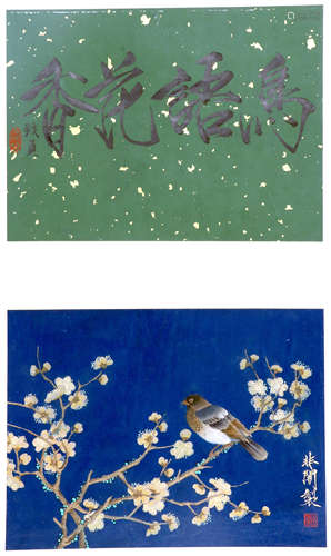 TWO PAGES OF CHINESE ABLUM PAINTING OF BIRD AND FLOWER AND CALLIGRAPHY