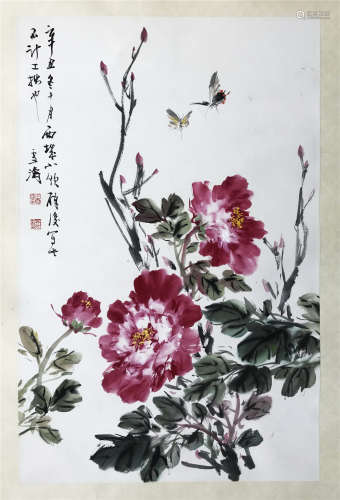 CHINESE SCROLL PAINTING OF BUTTERFLY AND FLOWER
