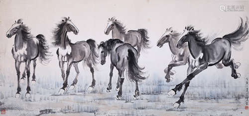 CHINESE SCROLL PAINTING OF SIX HORSES WITH PUBLICATION