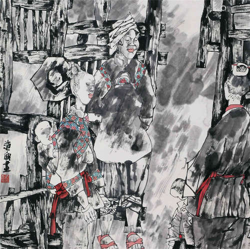 CHINESE SCROLL PAINTING OF GIRLS ON STREET WITH PUBLICATION