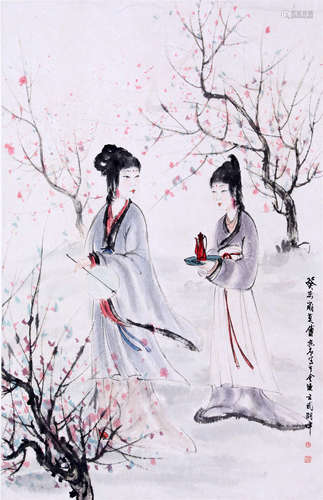 CHINESE SCROLL PAINTING OF TWO BEAUTIES IN WOOD