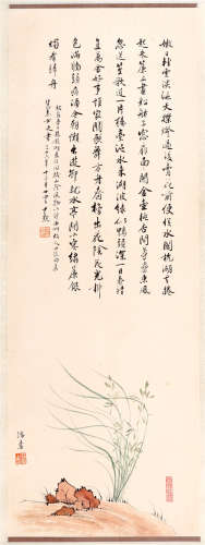CHINESE SCROLL PAINTING OF ORCHID AND CALLIGRAPHY