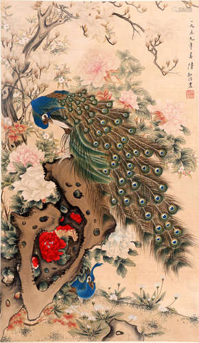 CHINESE SCROLL PAINTING OF PEACOCK AND FLOWER