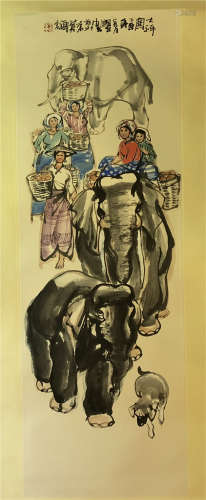 CHINESE SCROLL PAINTING OF GIRLS AND ELEPHANT