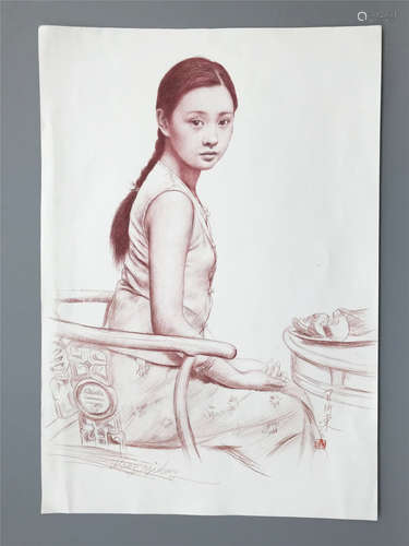 CHINESE SKETCH DRAWING OF SEATED GIRL ON PAPER