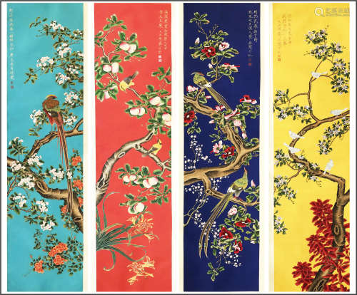 FOUR PANELS OF CHINESE SCROLL PAINTING OF FLOWERS