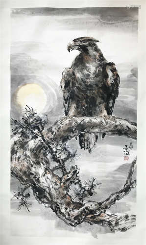LARGE CHINESE SCROLL PAINTING OF EAGLE ON TREE