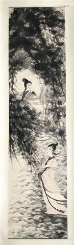 CHINESE SCROLL PAINTING OF TWO BEAUTIES BY RIVER