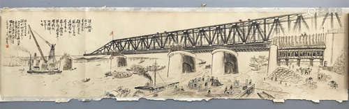 CHINESE HAND SCROLL PAINTING OF BRIDGE VIEWINGS