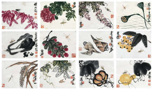 TWEEVLE PAGES OF CHINESE ABLUM PAINTING OF VAGETABLE AND FLOWER