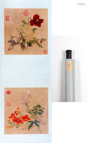TWO PANELS OF CHINESE SCROLL PAINTING OF FLOWER