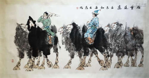 CHINESE SCROLL PAINTING OF GIRLS ON BACK OF CAMEL